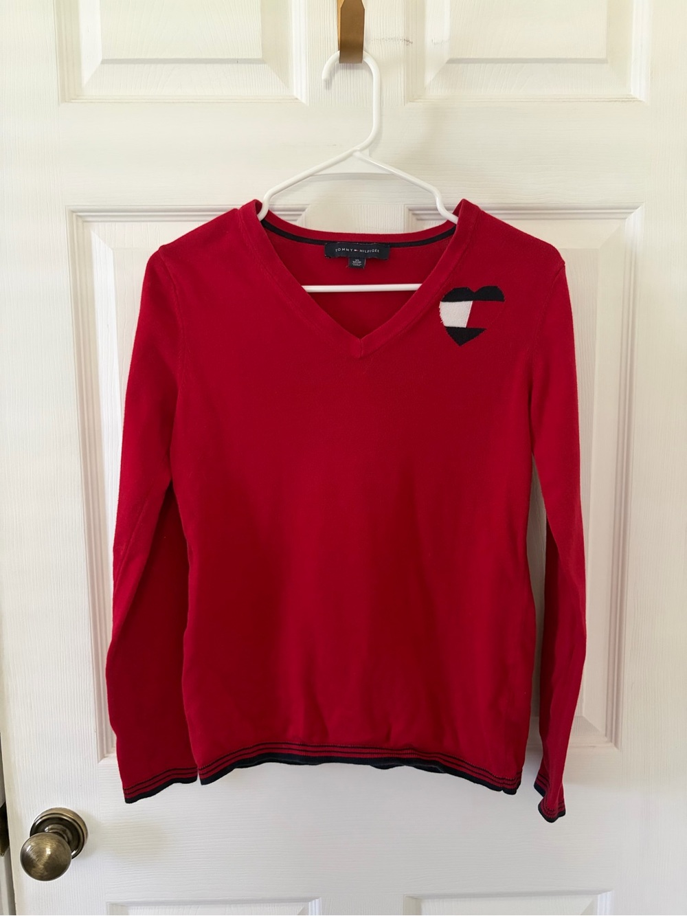 Tommy Hilfiger Red V-Neck Sweater with Heart Patch